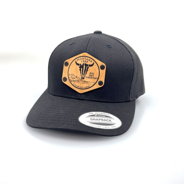 Montana 1889 Steer Skull Solid Wood Patch Black Trucker Hat Thumbnail
